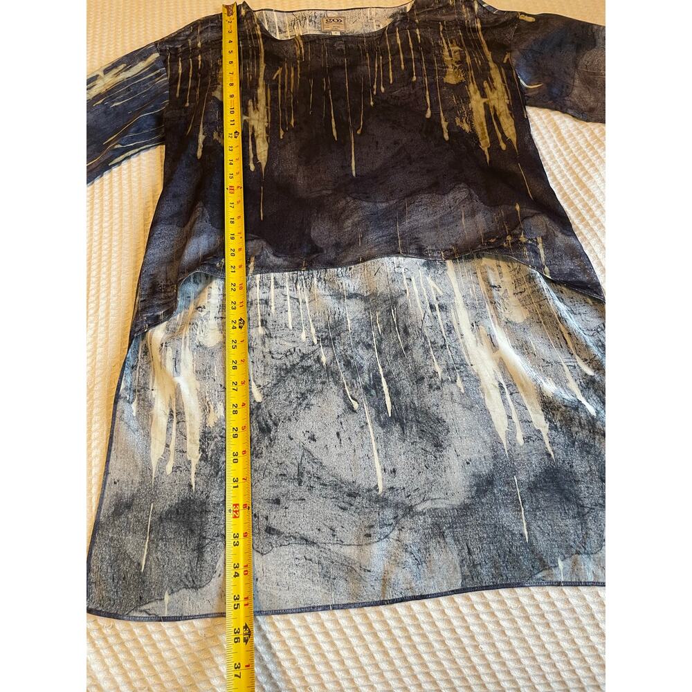 Go by Go Silk Boho Hi Low Deep Blue Abstract Design 3/4 Sleeve Square Cut Top M - Picture 4 of 11
